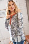 Explore More Collection - Grey Patchwork Leopard Button Down Knit Top