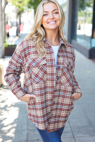 Explore More Collection - Be You Best Taupe Plaid Quilt Lined Button Down Shacket