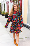 Explore More Collection - Lock Eyes Black Floral Sequin Print Ruffle Sleeve Frill Mock Neck Dress