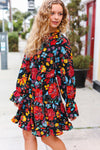 Explore More Collection - Lock Eyes Black Floral Sequin Print Ruffle Sleeve Frill Mock Neck Dress