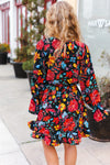 Explore More Collection - Lock Eyes Black Floral Sequin Print Ruffle Sleeve Frill Mock Neck Dress