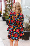 Explore More Collection - Lock Eyes Black Floral Sequin Print Ruffle Sleeve Frill Mock Neck Dress