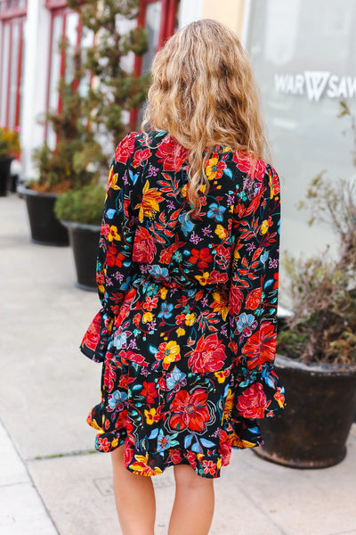 Explore More Collection - Lock Eyes Black Floral Sequin Print Ruffle Sleeve Frill Mock Neck Dress