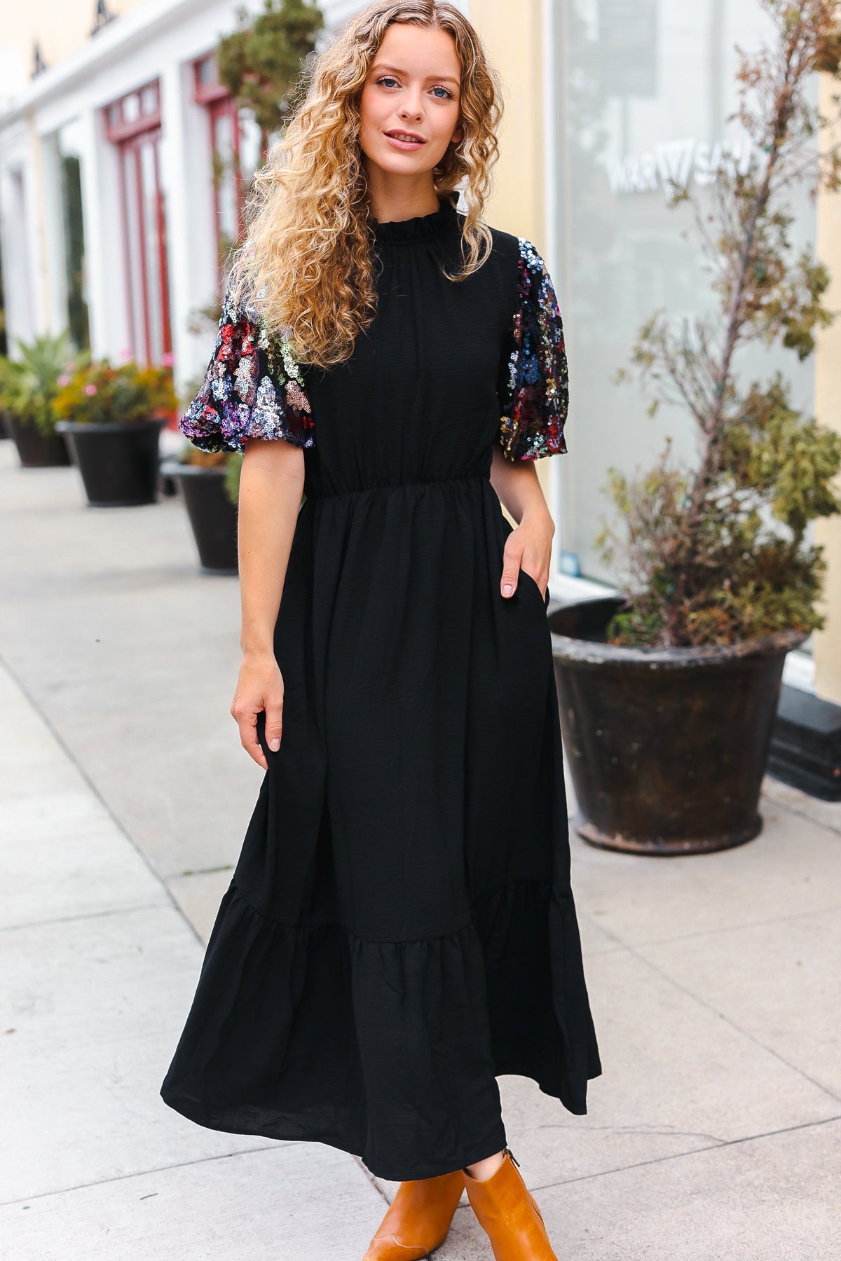 Explore More Collection - Black Floral Sequin Puff Sleeve Mock Neck Tiered Maxi Dress