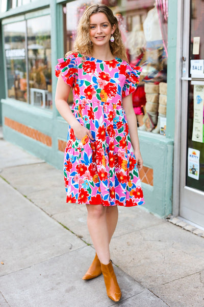 Explore More Collection - Pink Floral Smocked Ruffle Sleeve Tiered Dress