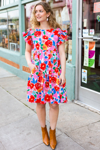 Explore More Collection - Pink Floral Smocked Ruffle Sleeve Tiered Dress