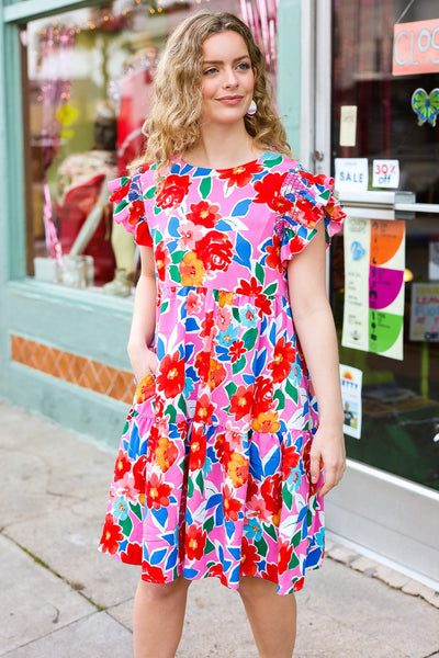 Explore More Collection - Pink Floral Smocked Ruffle Sleeve Tiered Dress