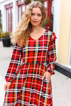 Explore More Collection - Adorable In Red Plaid Ruffle Detail Fit & Flare Midi Dress