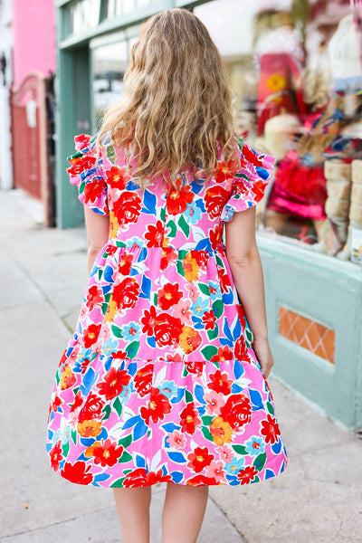 Explore More Collection - Pink Floral Smocked Ruffle Sleeve Tiered Dress