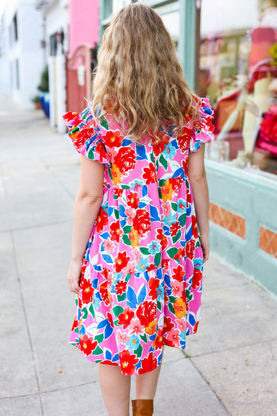 Explore More Collection - Pink Floral Smocked Ruffle Sleeve Tiered Dress