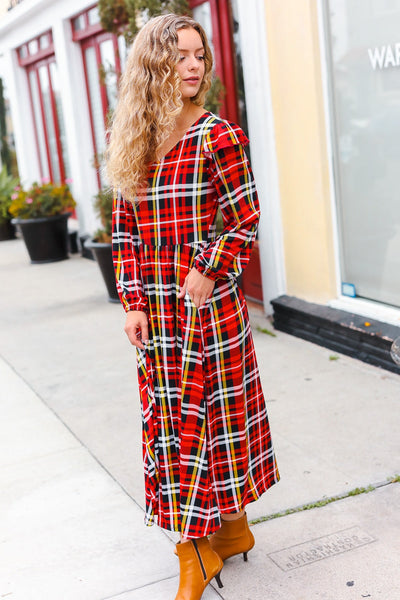 Explore More Collection - Adorable In Red Plaid Ruffle Detail Fit & Flare Midi Dress