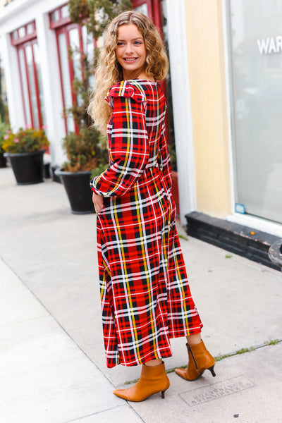 Explore More Collection - Adorable In Red Plaid Ruffle Detail Fit & Flare Midi Dress