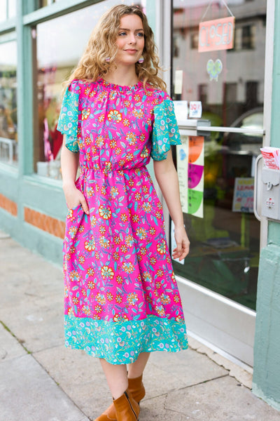 Explore More Collection - Charming Fuchsia & Mint Floral Frill Mock Neck Flutter Sleeve Midi Dress