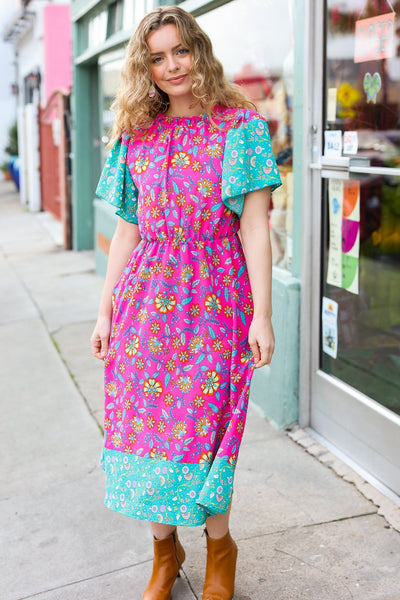 Explore More Collection - Charming Fuchsia & Mint Floral Frill Mock Neck Flutter Sleeve Midi Dress