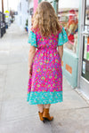 Explore More Collection - Charming Fuchsia & Mint Floral Frill Mock Neck Flutter Sleeve Midi Dress