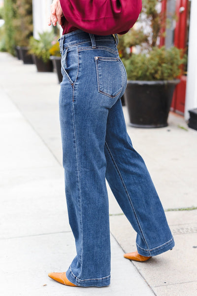 Explore More Collection - Judy Blue High Rise Double Button Crisscross Detail Wide Leg Jeans