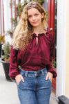 Explore More Collection - Holiday Vibes Burgundy Frill Detail Tie Neck Satin Top