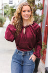 Explore More Collection - Holiday Vibes Burgundy Frill Detail Tie Neck Satin Top