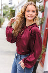 Explore More Collection - Holiday Vibes Burgundy Frill Detail Tie Neck Satin Top