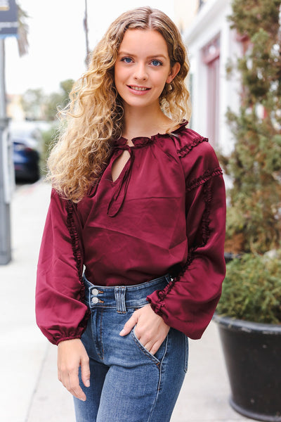 Explore More Collection - Holiday Vibes Burgundy Frill Detail Tie Neck Satin Top