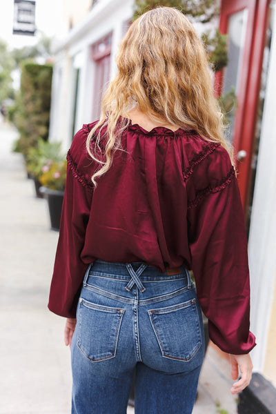 Explore More Collection - Holiday Vibes Burgundy Frill Detail Tie Neck Satin Top