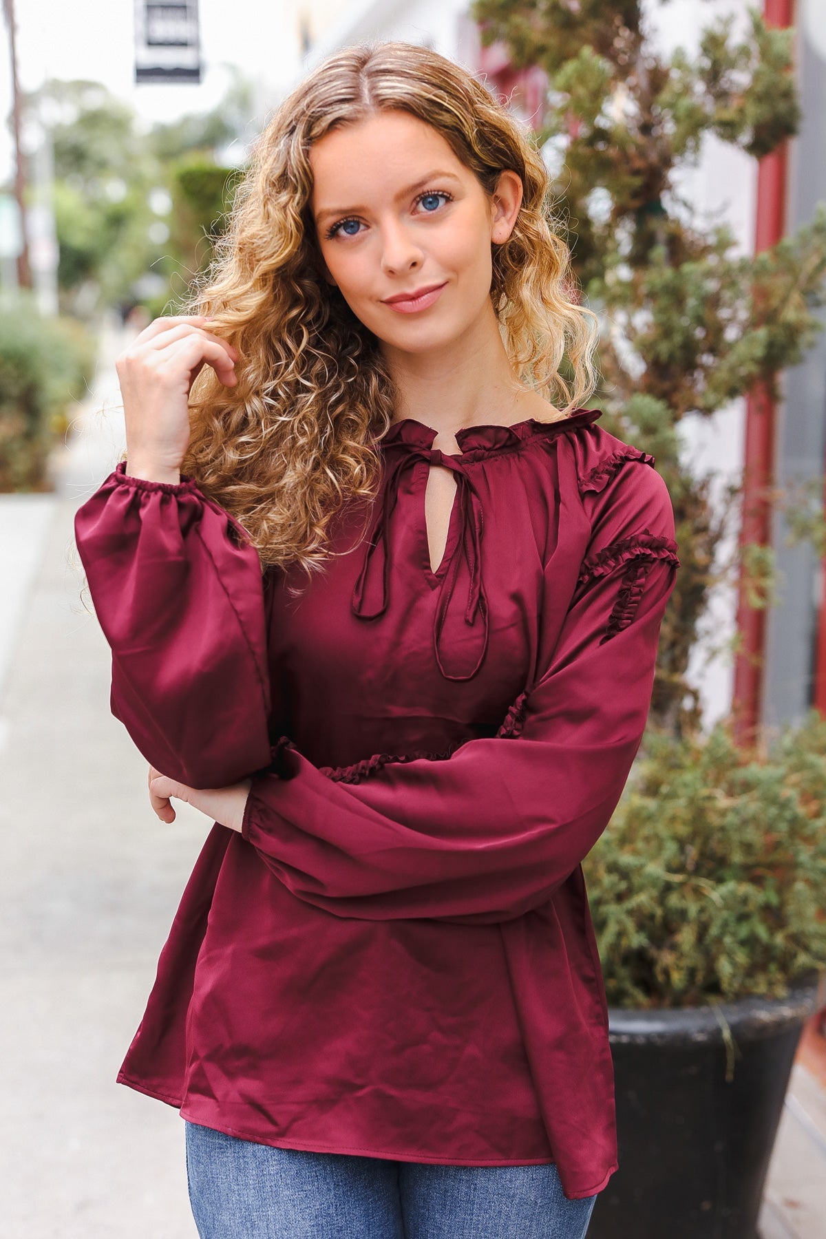 Explore More Collection - Holiday Vibes Burgundy Frill Detail Tie Neck Satin Top