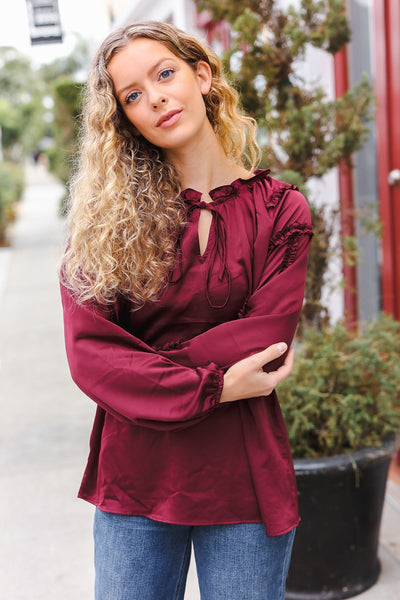 Explore More Collection - Holiday Vibes Burgundy Frill Detail Tie Neck Satin Top