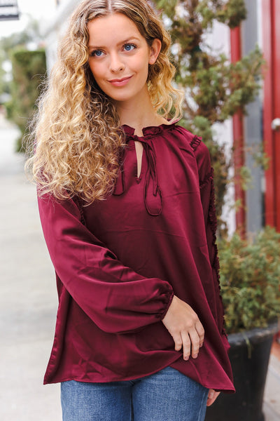 Explore More Collection - Holiday Vibes Burgundy Frill Detail Tie Neck Satin Top