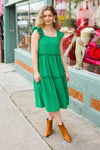 Explore More Collection - Lots To Love Kelly Green Smocked Flutter Sleeve Tiered Midi Dress