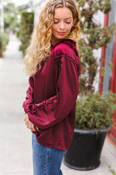 Explore More Collection - Holiday Vibes Burgundy Frill Detail Tie Neck Satin Top