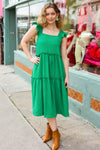 Explore More Collection - Lots To Love Kelly Green Smocked Flutter Sleeve Tiered Midi Dress