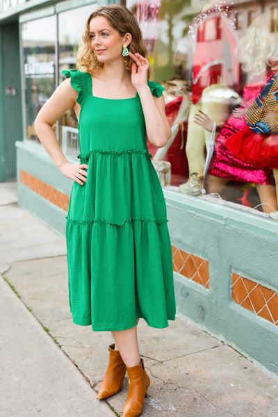 Explore More Collection - Lots To Love Kelly Green Smocked Flutter Sleeve Tiered Midi Dress