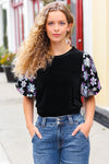 Explore More Collection - Feeling Glamorous Black Floral Sequin Puff Sleeve Velvet Top