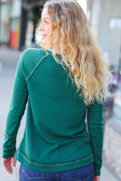 Explore More Collection - All I Need Hunter Green Contrast Stitch Henley Top