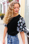 Explore More Collection - Feeling Glamorous Black Floral Sequin Puff Sleeve Velvet Top