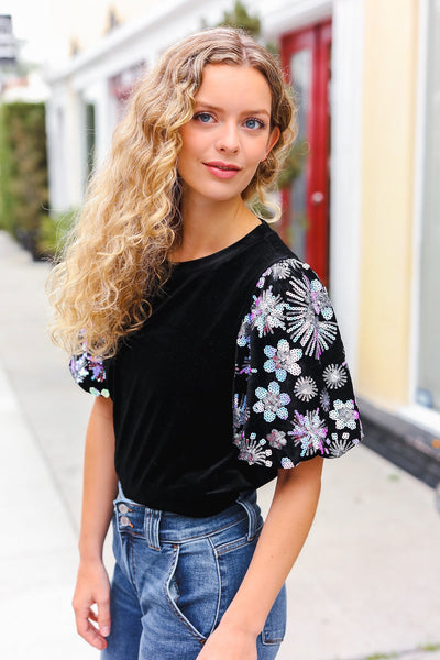 Explore More Collection - Feeling Glamorous Black Floral Sequin Puff Sleeve Velvet Top