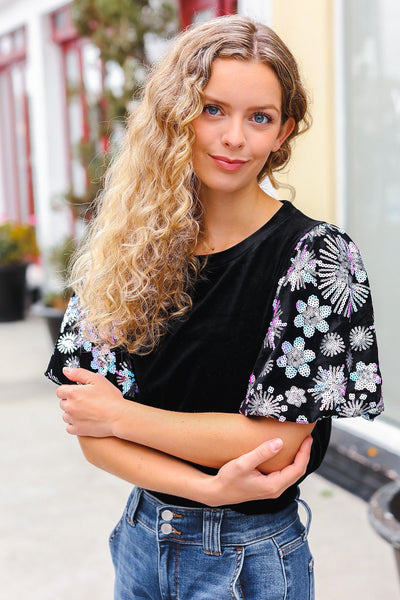 Explore More Collection - Feeling Glamorous Black Floral Sequin Puff Sleeve Velvet Top