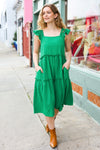 Explore More Collection - Lots To Love Kelly Green Smocked Flutter Sleeve Tiered Midi Dress