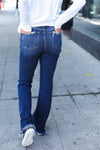 Explore More Collection - Judy Blue Dark Wash High Waist Frayed Hem Double Button Flare Jeans