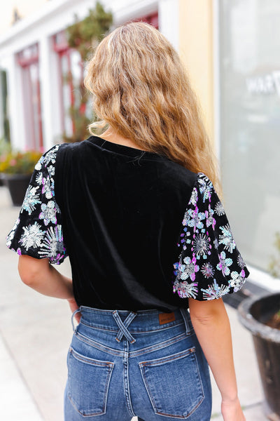 Explore More Collection - Feeling Glamorous Black Floral Sequin Puff Sleeve Velvet Top