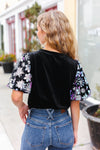 Explore More Collection - Feeling Glamorous Black Floral Sequin Puff Sleeve Velvet Top