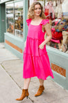 Explore More Collection - Lots To Love Fuchsia Smocked Flutter Sleeve Tiered Midi Dress