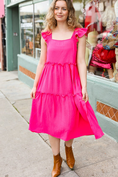 Explore More Collection - Lots To Love Fuchsia Smocked Flutter Sleeve Tiered Midi Dress