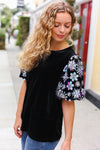 Explore More Collection - Feeling Glamorous Black Floral Sequin Puff Sleeve Velvet Top