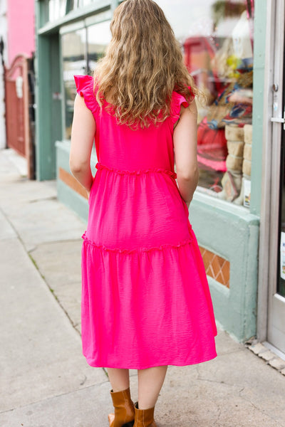 Explore More Collection - Lots To Love Fuchsia Smocked Flutter Sleeve Tiered Midi Dress