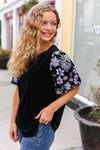 Explore More Collection - Feeling Glamorous Black Floral Sequin Puff Sleeve Velvet Top