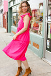 Explore More Collection - Lots To Love Fuchsia Smocked Flutter Sleeve Tiered Midi Dress