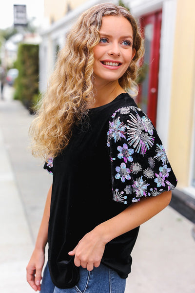 Explore More Collection - Feeling Glamorous Black Floral Sequin Puff Sleeve Velvet Top