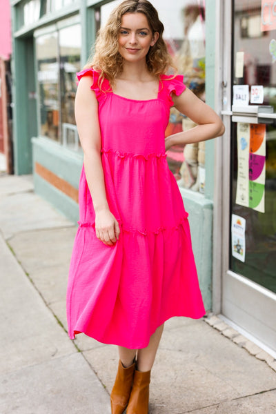 Explore More Collection - Lots To Love Fuchsia Smocked Flutter Sleeve Tiered Midi Dress