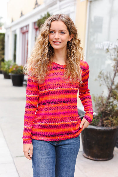 Explore More Collection - Be Bold Flame & Magenta Striped Cable Knit Print Hacci Top